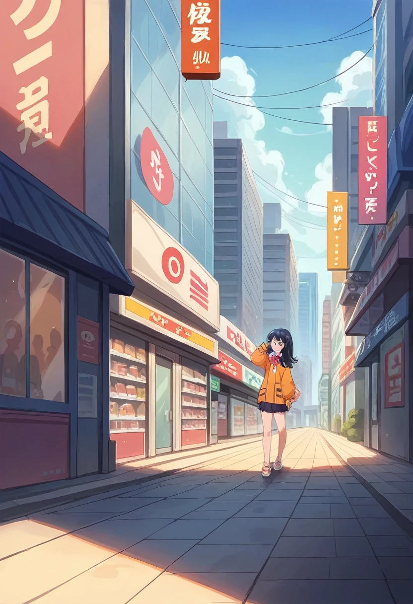 1 gilr, rikka takarada,dynamic pose,sitting, guiderail, sidewalk, building, cityscape, convenience store front, takarada rikka, blue eyes, black hair, long hair, bangs,(extremely detailed CG unity 8k wallpaper),(masterpiece),(best quality),(ultra-detailed),(best illustration),(best shadow),(absurdres),