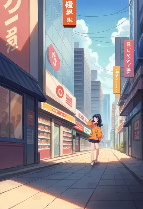 1 gilr, rikka takarada,dynamic pose,sitting, guiderail, sidewalk, building, cityscape, convenience store front, takarada rikka, ...