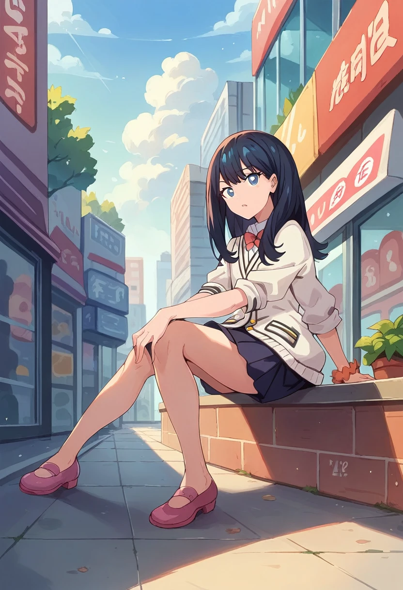 1 gilr, rikka takarada,dynamic pose,sitting, guiderail, sidewalk, building, cityscape, convenience store front, takarada rikka, blue eyes, black hair, long hair, bangs,(extremely detailed CG unity 8k wallpaper),(masterpiece),(best quality),(ultra-detailed),(best illustration),(best shadow),(absurdres),