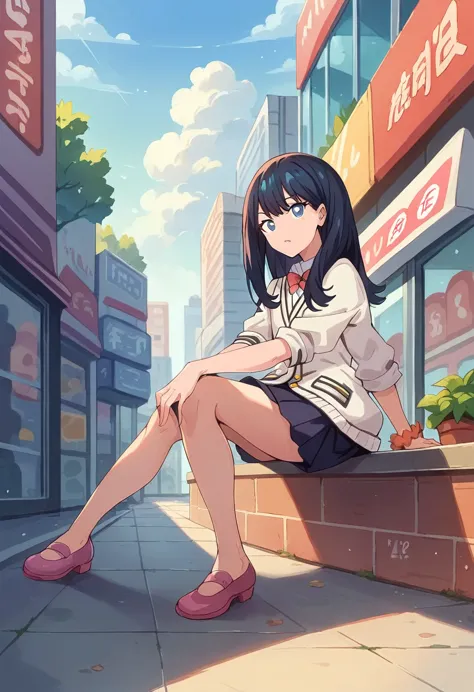 1 gilr, rikka takarada,dynamic pose,sitting, guiderail, sidewalk, building, cityscape, convenience store front, takarada rikka, ...