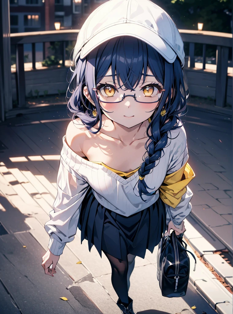 you like it, Umi Sonoda, Long Hair, Blue Hair, (Yellow Eyes:1.5) (Flat Chest:1.2),Blue one-shoulder sweater,Long skirt,Black Pantyhose,short boots,Baseball cap,Black-rimmed glasses,Long braids,smile,walk,morning,morning陽,The rising sun,On the way to school,whole bodyがイラストに入るように,
break looking at viewer,whole body,
break outdoors, station,
break (masterpiece:1.2), Highest quality, High resolution, unity 8k wallpaper, (shape:0.8), (Beautiful attention to detail:1.6), Highly detailed face, Perfect lighting, Extremely detailed CG, (Perfect hands, Perfect Anatomy),