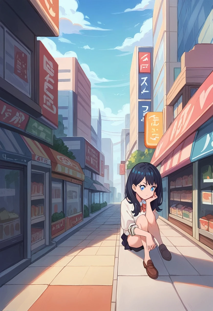 1 gilr, rikka takarada,dynamic pose,sitting, guiderail, sidewalk, building, cityscape, convenience store front, takarada rikka, blue eyes, black hair, long hair, bangs,(extremely detailed CG unity 8k wallpaper),(masterpiece),(best quality),(ultra-detailed),(best illustration),(best shadow),(absurdres),cowboy shot