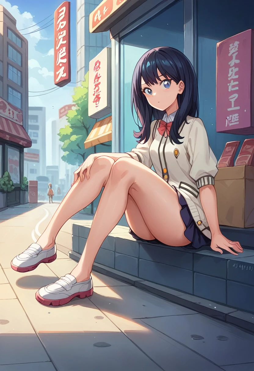 1 gilr, rikka takarada,dynamic pose,sitting, guiderail, sidewalk, building, cityscape, convenience store front, takarada rikka, blue eyes, black hair, long hair, bangs,(extremely detailed CG unity 8k wallpaper),(masterpiece),(best quality),(ultra-detailed),(best illustration),(best shadow),(absurdres),cowboy shot