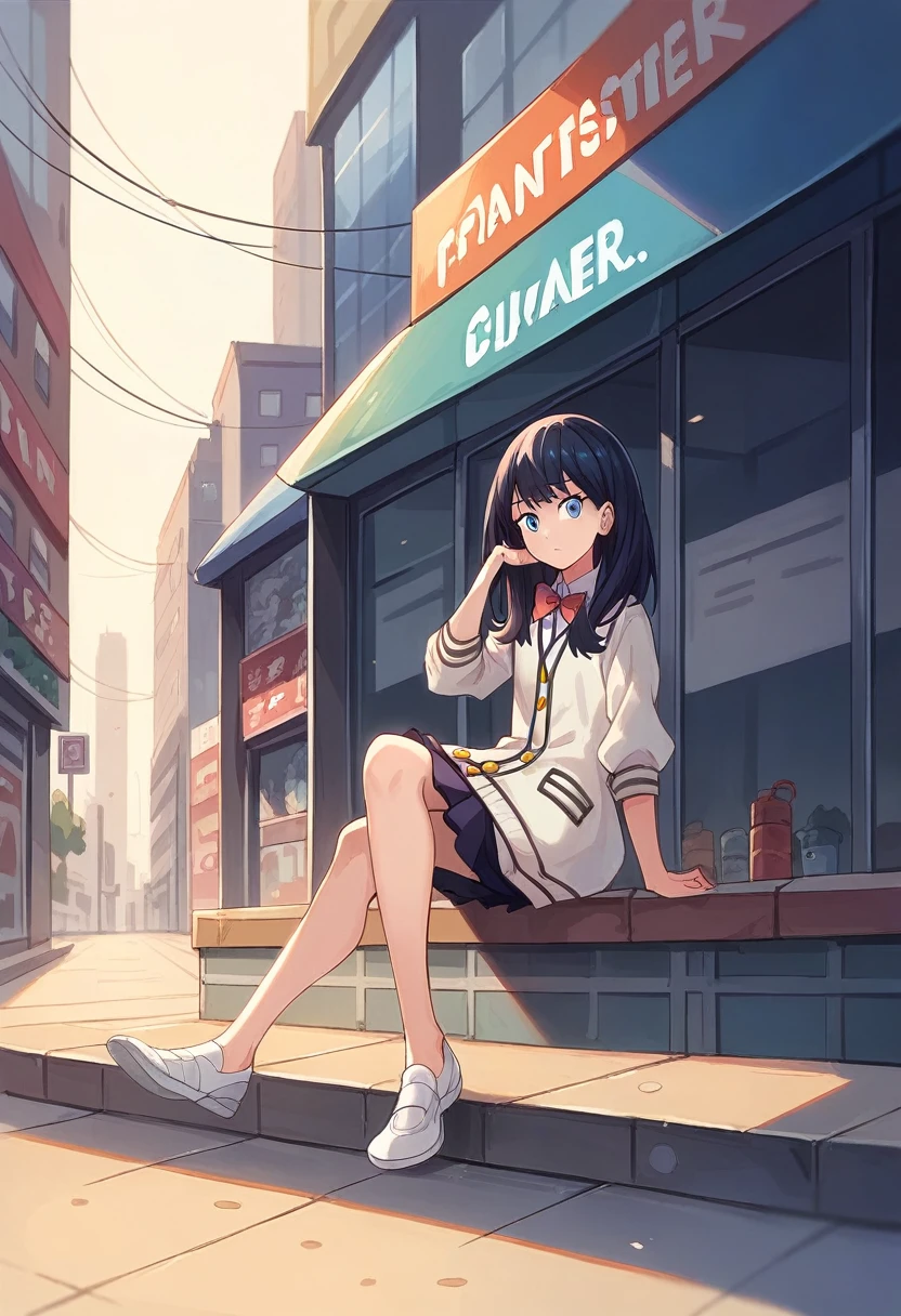 1 gilr, rikka takarada,dynamic pose,sitting, guiderail, sidewalk, building, cityscape, convenience store front, takarada rikka, blue eyes, black hair, long hair, bangs,(extremely detailed CG unity 8k wallpaper),(masterpiece),(best quality),(ultra-detailed),(best illustration),(best shadow),(absurdres),cowboy shot