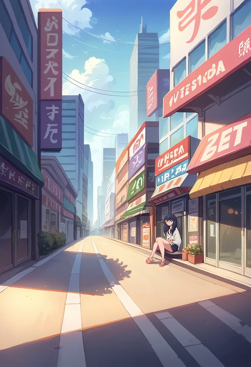 1 gilr, rikka takarada,dynamic pose,sitting, guiderail, sidewalk, building, cityscape, convenience store front, takarada rikka, blue eyes, black hair, long hair, bangs,(extremely detailed CG unity 8k wallpaper),(masterpiece),(best quality),(ultra-detailed),(best illustration),(best shadow),(absurdres),cowboy shot