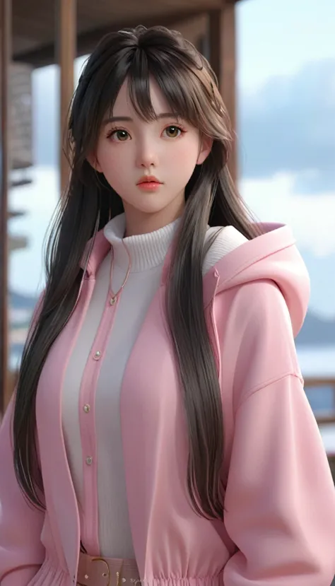 a close up of a person wearing a pink jacket and a pink hat, realistic anime 3 d style, 3 d anime realistic, trending on cgstati...