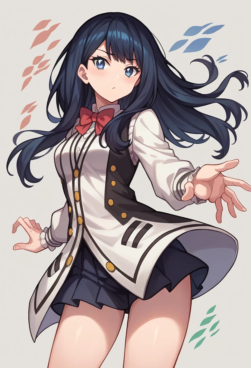 1 gilr, rikka takarada,dynamic pose,standing takarada rikka, blue eyes, black hair, long hair, bangs,(extremely detailed CG unity 8k wallpaper),(masterpiece),(best quality),(ultra-detailed),(best illustration),(best shadow),(absurdres),cowboy shot