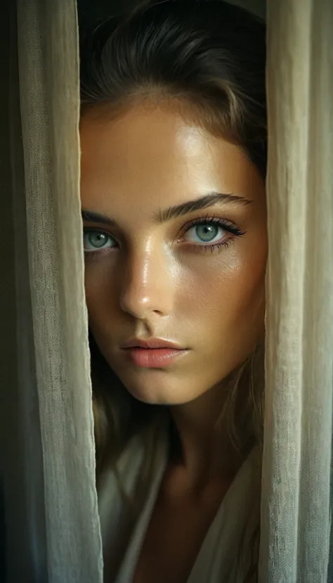 raw photo, beautiful eyes, masterpiece, peeking from behind curtains, colorful details, award winning, high detailed, 8k, natura...