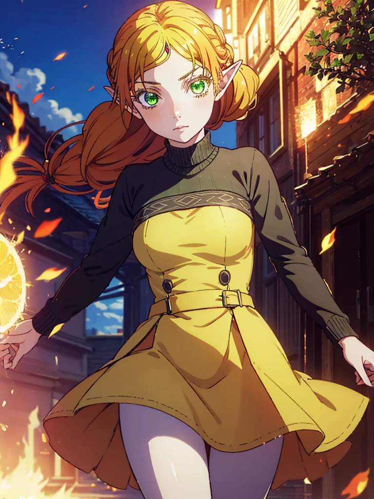 tsundereelf, tsundere elf, long hair, blonde hair, (green eyes:1.5), pointy ears, elf, multicolored hair, forehead jewel, BREAK long sleeves, turtleneck bodysuit, pantyhose, sweater, (black sweater:1.2), dress, (yellow dress:1.5), BREAK outdoors, forest, nature, sun, sky, clouds, BREAK looking at viewer, (cowboy shot:1.5), BREAK (masterpiece:1.2), best quality, high resolution, unity 8k wallpaper, (illustration:0.8), (beautiful detailed eyes:1.6), extremely detailed face, perfect lighting, extremely detailed CG, (perfect hands, perfect anatomy),