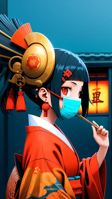 oniNFT, 1 Girl, Solitary, Black Hair, Jewelry, earrings, mask, Red Eyes, Japanese clothes, letterbox, kimono, contour, mask on h...