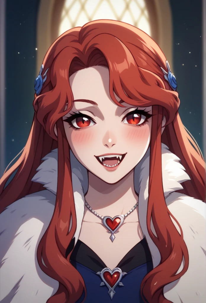 masterpiece,best quality, highly detailed, score_9, score_8_up, score_7_up, score_6_up,BREAK
 lenore,1girl, solo, red eyes, long hair, fangs, jewelry, open mouth, blush, red hair, necklace, looking at viewer, smile, fur trim, vampire