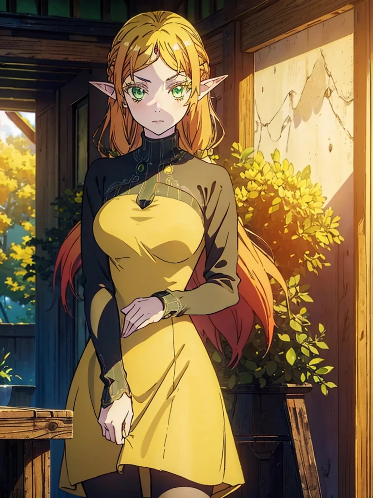 tsundereelf, tsundere elf, long hair, blonde hair, (green eyes:1.5), pointy ears, elf, multicolored hair, forehead jewel, BREAK long sleeves, turtleneck bodysuit, pantyhose, sweater, (black sweater:1.2), dress, (yellow dress:1.5), BREAK outdoors, forest, nature, sun, sky, clouds, BREAK looking at viewer, (cowboy shot:1.5), BREAK (masterpiece:1.2), best quality, high resolution, unity 8k wallpaper, (illustration:0.8), (beautiful detailed eyes:1.6), extremely detailed face, perfect lighting, extremely detailed CG, (perfect hands, perfect anatomy),