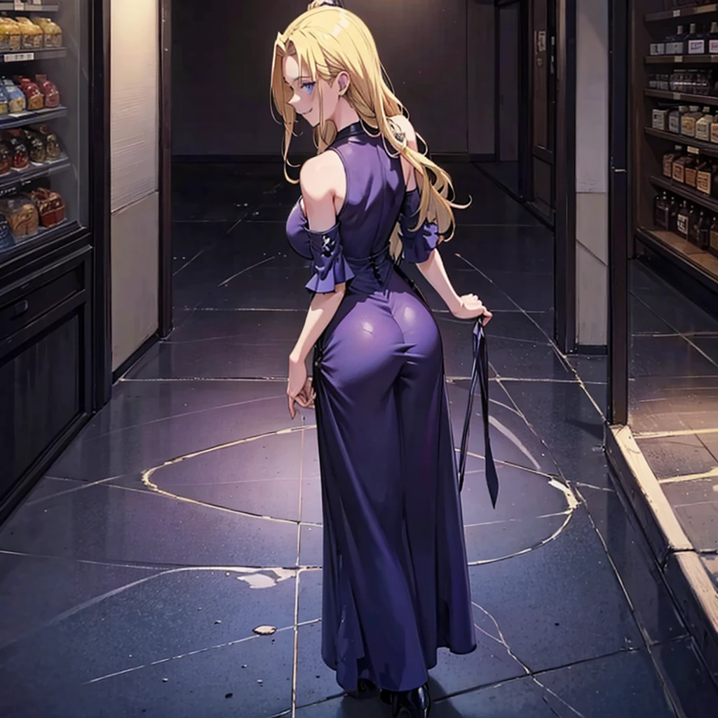 1 girl, alone, breasts big, hourglass-body, gazing at viewer, high resolution, blue colored eyes, Laughter, hair blonde, very long hair, hair slicked back, Hair over the shoulder, loose hair, flushed, Laughter, make up, slightly-smile, excited face, ass pov, anime styling, wearing a purple fitted dress, standing, backgraund inside busy mall, during daytime, clear lighting