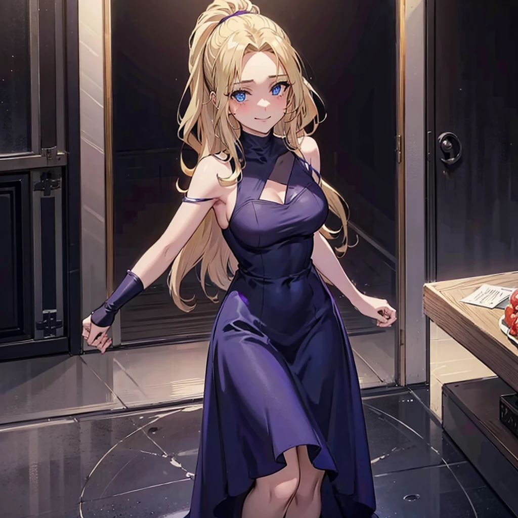 1 girl, alone, breasts big, hourglass-body, gazing at viewer, high resolution, blue colored eyes, Laughter, hair blonde, very long hair, hair slicked back, Hair over the shoulder, loose hair, flushed, Laughter, make up, slightly-smile, excited face, ass pov, anime styling, wearing a purple fitted dress, standing, backgraund inside busy mall, during daytime, clear lighting