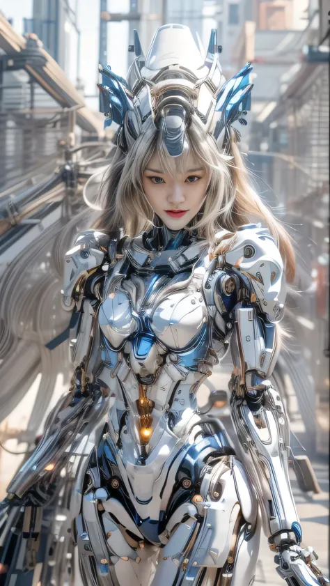 (Highest quality:1.2), 8k, High resolution, Octane Rendering, (masterpiece), Very super detailed, Japanese woman turned into a cyborg, Very super cute face, , Skinny body, Flat Chest,  (Blue metallic mechanical frame:1.5), (Power cables are connected all over the body), detail up, Instead of hair, A cable extends from it, Mechanical fusion, Machine skeleton, Biomechanics, mechanical life form, Very intricate details, Extremely realistic texture, Human-like skin, Realistic hair, ultra Realistic details, Professional Lighting, (Realistic:1.4), (RAW Photos:1.2), (photoRealistic:1.37)