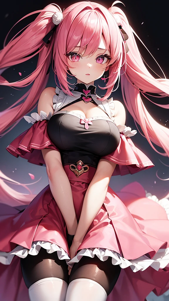 (Highest quality,high resolution,Ultra-detailed,girl),black tights,Pink Hair,Height: 160cm,cute,Pink Eyes,Twin tails,Big Breasts,Wearing a pink skirt,Her eyes are white and shining,Has bright white eyes,Looking at me with a bright face,