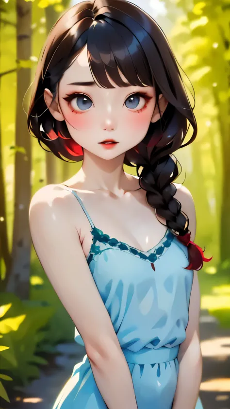 Highest quality、masterpiece、Perfect Anatomy、Knee to upper body、One Girl、Cute Face、Red eyeshadow、Red lipstick、Red cheeks and nose、White skin、Grey Eyes、Brown Hair、Braided hair、Highly detailed hairstyles、Camisole dress、Light blue dress、Blurred Background、Forest bathing、Promenade、High quality details、Portraiture
