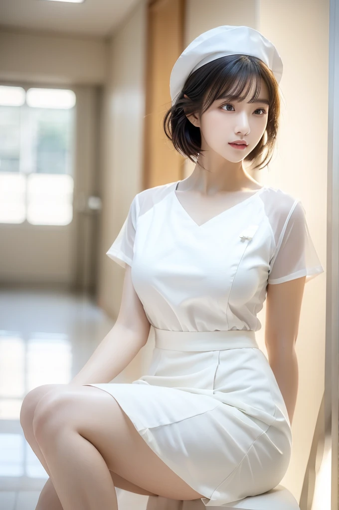 (masterpiece, best quality, realistic,photorealistic:1.5),
Photography,middle shot, Full body,clear, beautiful girl,short  bangs hairstyle, in a white nurse uniform, hat, the hospital, realistic,clean, calm atmosphere, shady, focused, bright light, Bokeh, UHR Realistic image, short skirt, beautiful legs, exposed shoulders, exposed waist, exposed thighs