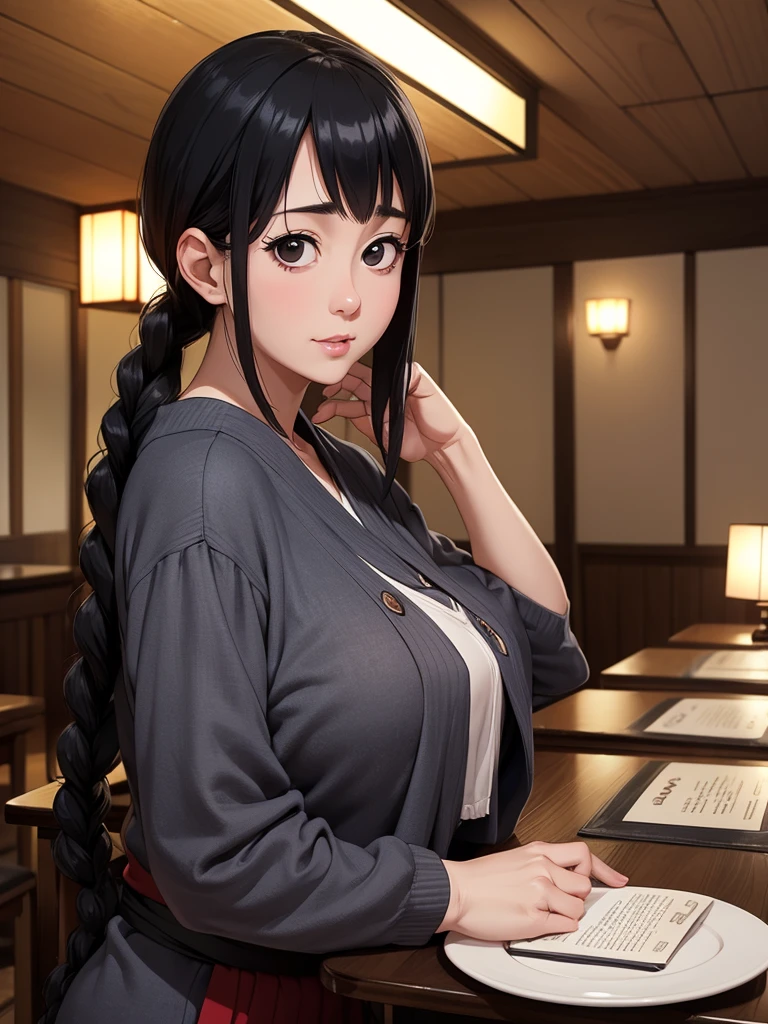 1 middle-aged woman,dimly lit waitress,Posing,Cute,upward-eyed,large Braided hair,Black hair,Black eyes,from the front side,Indoors,masuterpiece, extremely fine and beautiful,Japanese,(huge chest:1.3),Junji Ito&#39;s painting, huge tits, nude, Twin tails