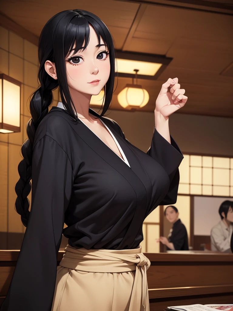 1 middle-aged woman,dimly lit waitress,Posing,Cute,upward-eyed,large Braided hair,Black hair,Black eyes,from the front side,Indoors,masuterpiece, extremely fine and beautiful,Japanese,(huge chest:1.3),Junji Ito&#39;s painting, huge tits, nude, Twin tails