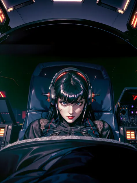 (((gothic vampire piloting) in gothic spacecraft)), (((retro anime))), ((from below)), ((120 fov)), ((((gothic)) control panels)...