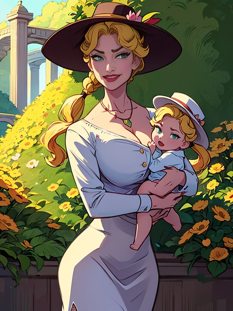 Helga Sinclair, her holding baby girl, Victorian dress, huge breasts, glowing crystal necklace, white top brown skirt, smile, white button blouse, buttons undone, brown hat with yellow flowers, looking at viewer, in park, green hedges, Twin tails