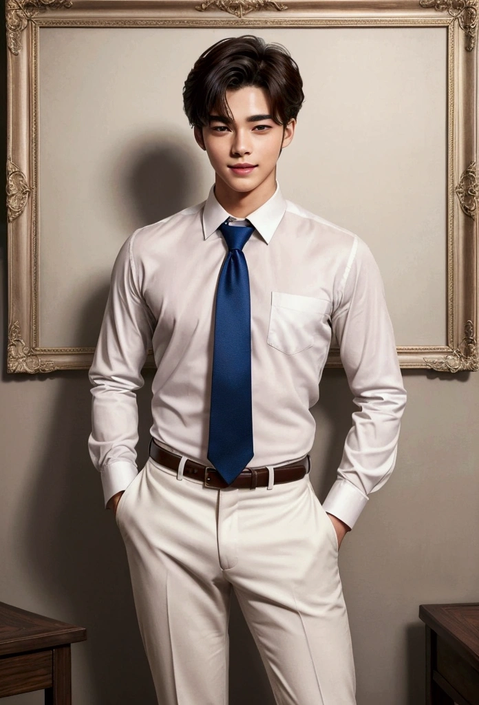 A charming sexy man, 18 years old, stands confidently in a casual , his shirt, , unbuttoned, crooked tie, showcasing a physique that exudes strength. With features reminiscent of Cha Eun Woo's flawless visage, his striking face and captivating eyes exude a sense of allure. A shy smile graces the corner of his lips, hinting at a playful nature. This evocative image, whether captured in a photograph or painted with meticulous detail, radiates a sense of perfection and allure. His presence on the canvas or in the frame is captivating, drawing viewers in with his magnetic charm and undeniable appeal, stronger, very sexy boy, colored
