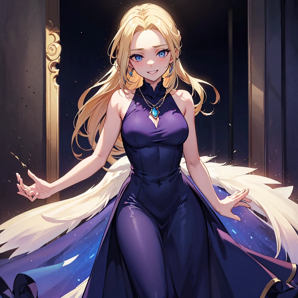 1 girl, breasts big, hourglass-body, gazing at viewer, high resolution, blue colored eyes, Laughter, hair blonde, very long hair, hair slicked back, Hair over the shoulder, loose hair, flushed, Laughter, make up, slightly-smile, excited face, ass pov, anime styling, wearing a short, sleeveless purple dress, necklace with small blue pigment, fully body, background dentro do shopping, many people, during daytime, clear lighting