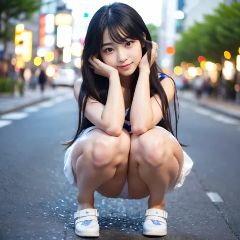 (Best-quality, Masterpiece, Ultra-High-Resolution, (Photorealistic:1.4), Raw Photo, depth of field, professional lighting, perfect anatomy, extremely details), 1girl, 15-years-old, the most famous Japanese idol, squatting, ((wearing summer-clothes with cute-design)), (((extremely beautiful legs, extremely beautiful thighs))), ((extremely cute face like the most popular Japanese idol, (extremely cute and extremely big black-eyes), extremely beautiful black-long-hair, ((extremely beautiful and extremely realistic skins)), extremely cute long-eyelashes, extremely cute lips)), ((innocent smile))