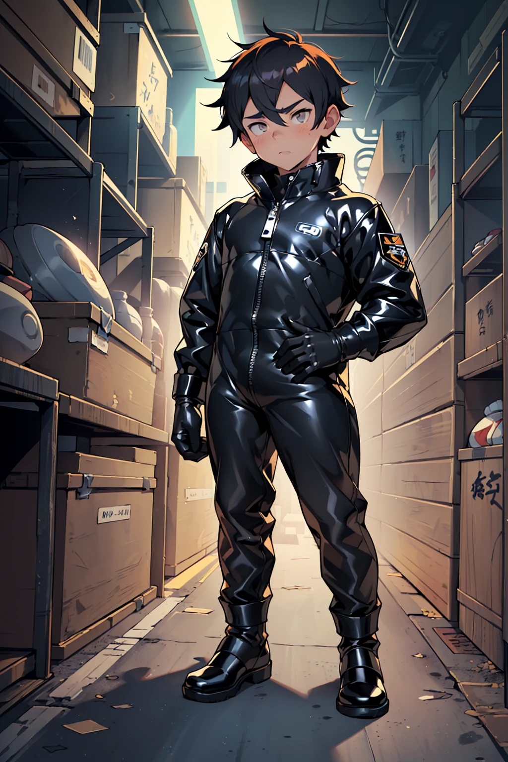 score_9, score_8_up, score_7_up, score_6_up, score_5_up, score_4_up, (masterpiece、highest quality、bust shot:1.1、Fisheye)、Muscle juvenile in a full body tight latex hero suit、(((１juvenile、独奏、15 years old)))、((luster、Full body black rubber suit、black rubber gloves、black rubber bootale children、young boy、&#39;s face、cool、Early childhood、when I was young、teenager face、young face、short round face、flat jaw、Three white eyes、 delicate big red and black eyes、detailed face）、smooth white skin、blush、anger、Looks embarrassed、color bleach、short golden orange hair、((low length))、detailed body、Muscular full body Esbian、Three-dimensional muscles、Detailed muscles、abs、six pack、trapezius muscle、Triangular ribs、biceps muscles、forearm muscles 、thick pectoral muscles、latissimus dorsi、Thigh hamstrings、giant gluteus maximus、big ball、perfect anatomy、base、rim light、sunshine、