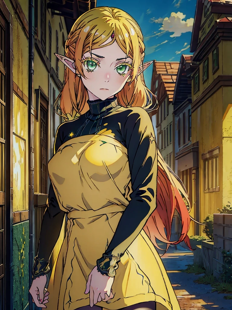 tsundereelf, tsundere elf, long hair, blonde hair, (green eyes:1.5), pointy ears, elf, multicolored hair, forehead jewel, BREAK long sleeves, turtleneck bodysuit, pantyhose, sweater, (black sweater:1.2), dress, (yellow dress:1.5), BREAK outdoors, forest, nature, sun, sky, clouds, BREAK looking at viewer, (cowboy shot:1.5), BREAK (masterpiece:1.2), best quality, high resolution, unity 8k wallpaper, (illustration:0.8), (beautiful detailed eyes:1.6), extremely detailed face, perfect lighting, extremely detailed CG, (perfect hands, perfect anatomy),