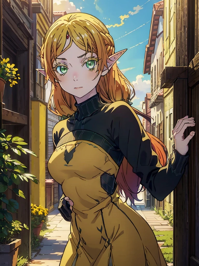 tsundereelf, tsundere elf, long hair, blonde hair, (green eyes:1.5), pointy ears, elf, multicolored hair, forehead jewel, BREAK long sleeves, turtleneck bodysuit, pantyhose, sweater, (black sweater:1.2), dress, (yellow dress:1.5), BREAK outdoors, forest, nature, sun, sky, clouds, BREAK looking at viewer, (cowboy shot:1.5), BREAK (masterpiece:1.2), best quality, high resolution, unity 8k wallpaper, (illustration:0.8), (beautiful detailed eyes:1.6), extremely detailed face, perfect lighting, extremely detailed CG, (perfect hands, perfect anatomy),