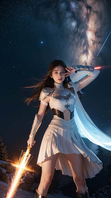 White combat uniform、skirt、Goddess of War、Staff、High resolution、Unknown powers、thunder、Wind、inflammation、muscle、Planetary alignment、Starry Sky、Blue light、Laser beam、God&#39;s Weapon、Diffuse reflection of light、Cyber Valkyrie