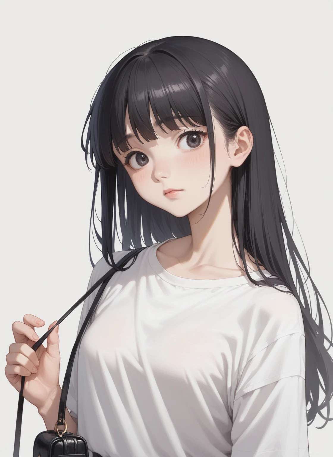 anime girl with long black hair and white shirt holding a black purse, anime moe artstyle, flat anime style shading, anime visual of a cute girl, in an anime style, style of junji ito, in anime style, anime portrait of shiina ringo, vector shaded anime, cel shaded anime, junji ito 4 k, anime girl with long hair