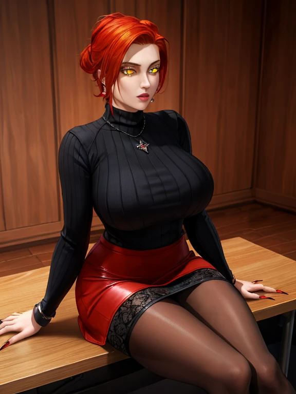 (Highest quality:1.4),  supposition,break,(Redhead:1.3),(Slicked back hair:1.3),Fuller lips, compensate, break,( Yellow Eyes:1.4), choker, Hoop Ring, break,(Long sleeve black turtleneck:1.3), Big Breasts,bracelet,(Long nails:1.4), break (Leather red skirt:1.3), Lace pantyhose,High heels,Sit behind a desk,
 