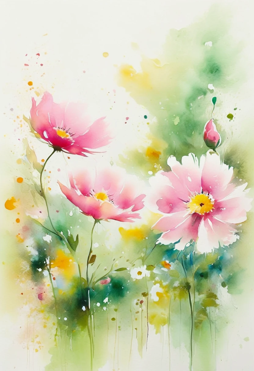 Esta pintura floral em aquarela apresenta um efeito visual elegante e fresco。Flores silvestres nos campos，A combinação perfeita de natureza e romance。A tela é principalmente fundo branco，Realça flores de aquarela isoladas。A tecnologia à prova de respingos reproduz ambientes úmidos，A atmosfera é nebulosa e sonhadora。A composição única e a expressão abstrata acrescentam à sensação artística da imagem.，Contém elementos surrealistas。O tom geral da cor é principalmente de cores claras，Rosa claro e verde se complementam，Exibe detalhes em alta resolução。O efeito de respingo de tinta adiciona um toque de agilidade à imagem，baixa saturação，A cor clara confere às flores uma beleza profunda e contida.。