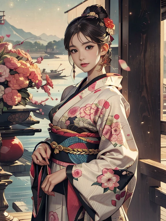 (Highest quality、 8k 、masterpiece、High resolution)、(whole body)、Vibrant colors、Brown-black bob、Traditional topknot、Ample breasts、(Highly detailed face and eyes,Beautiful Face,Beautiful Eyes,Beautiful nose,Pretty lips)、Official Art、Ukiyo-e style、 (Beautiful woman in kimono)、(Vivid floral patterned kimono)、background、river、bridge、Mountain、wood、Starry Sky、plum、Detailed CG、