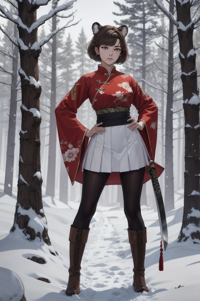 Create a 4k resolution masterpiece, highly detailed, using ArtCalmV2 for the best possible quality. The theme is a charismatic tiger girl, found in a snowy forest at night. She wears red traditional Chinese clothes with a white skirt and brown boots.. A katana is neatly stored on his hip. The character, a 25 year old clan leader, has short light brown hair and tiger ears, beyond a tiger&#39;s tail. His green eyes reflect a guard posture and a display of resilience.. The surrounding environment is a forest landscape at night, illuminated by the dynamic light of the full moon, creating a contrast between the wild and relaxing environment.