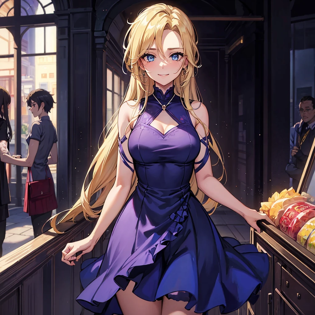 1 girl, breasts big, hourglass-body, gazing at viewer, high resolution, blue colored eyes, Laughter, hair blonde, very long hair, hair slicked back, Hair over the shoulder, loose hair, flushed, Laughter, make up, slightly-smile, excited face, anime styling, short purple sleeveless dress, necklace with small blue pigment, fully body, background dentro do shopping, many people, during daytime, clear lighting