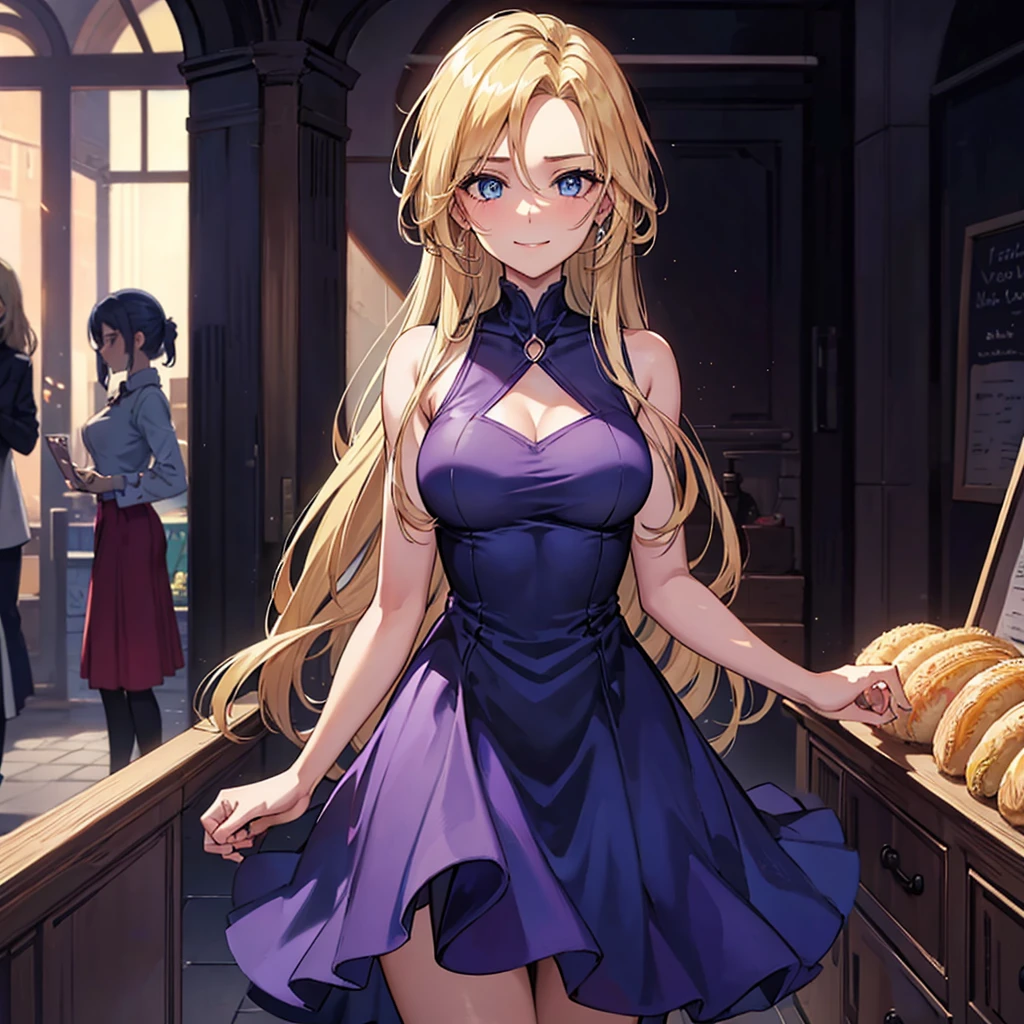 1 girl, breasts big, hourglass-body, gazing at viewer, high resolution, blue colored eyes, Laughter, hair blonde, very long hair, hair slicked back, Hair over the shoulder, loose hair, flushed, Laughter, make up, slightly-smile, excited face, anime styling, short purple sleeveless dress, necklace with small blue pigment, fully body, background dentro do shopping, many people, during daytime, clear lighting