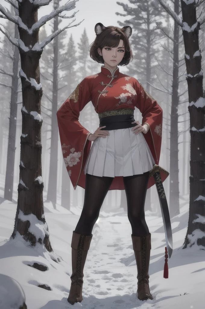 Create a 4k resolution masterpiece, highly detailed, using ArtCalmV2 for the best possible quality. The theme is a charismatic tiger girl, found in a snowy forest at night. She wears red traditional Chinese clothes with a white skirt and brown boots.. A katana is neatly stored on his hip. The character, a 25 year old clan leader, has short light brown hair and tiger ears, beyond a tiger&#39;s tail. His green eyes reflect a guard posture and a display of resilience.. The surrounding environment is a forest landscape at night, illuminated by the dynamic light of the full moon, creating a contrast between the wild and relaxing environment.