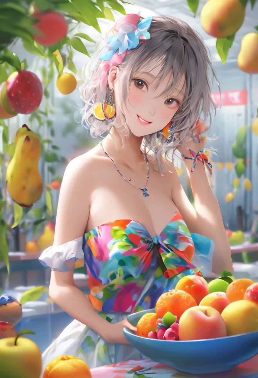 解剖学的に正Shii, Winner of numerous awards, High resolution, masterpiece, High detail, Textured skin, pretty girl、オレンジfruitsのコスプレ、Fruit dress、Juicy、Rui々Shii、fruits、たくさんのfruits、smile、Uplifting、Vibrant、Run、Wind、water、colorful