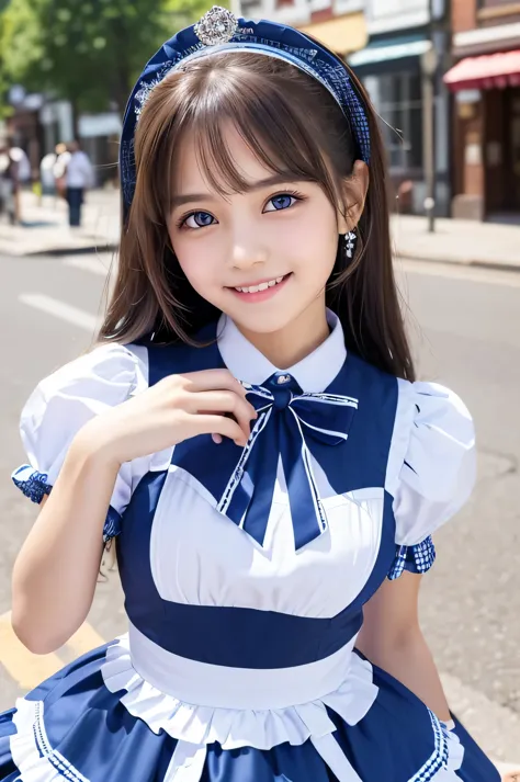 (Very beautiful  cute girl), (very  cute face:1.2),12 yo, (sparkling crystal clear attractive large eyes:1.2), Beautiful detailed eyes, Detailed double eyelids, (smiling), (realistic photograph:1.2), long straight brown hair,(Super shiny blue gingham maid costume :1),
(beautiful blue gingham Maid costume:1),cowboy shot,in the street 