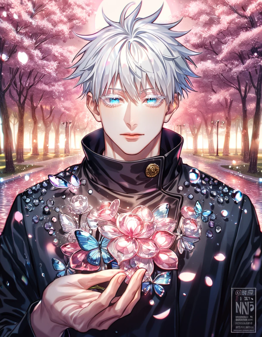 absurdres, highres, ultra detailed, HDR, master piece, best quality, extremely detailed face, delicated features, Gojou Satoru, white hair, expressive blue eyes, white eyelashes, Jujutsu Kaisen, solo, sexy man, handsome, black coat with fur, fantasy, magical, pink glass butterflies, pink glass flowers, water, pink glass blossoms, pink glass moon, park