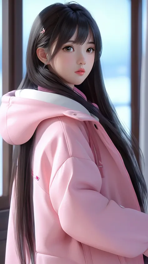 a close up of a person wearing a pink jacket and a pink hat, realistic anime 3 d style, 3 d anime realistic, trending on cgstati...