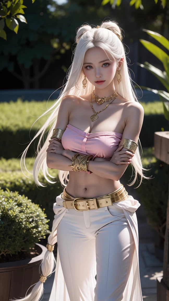 1girl, solo, mature woman, standing, arms crossed, black top, navel, bare shoulders, colored skin:1.1, pink skin:1.2, long hair, white hair, golden belt, baggy white pants, smooth tail, pointy ears, red eyes, black sclara, gold bracers, gold necklace, large hoop earnings