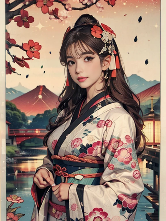 (Highest quality、 8k 、masterpiece、High resolution)、(whole body)、Vibrant colors、Brown-black bob、Traditional topknot、Ample breasts、(Highly detailed face and eyes,Beautiful Face,Beautiful Eyes,Beautiful nose,Pretty lips)、Official artwork、Ukiyo-e style、 (Beautiful woman in kimono)、(Vivid floral patterned kimono)、background、river、bridge、Mountain、wood、Starry Sky、plum、