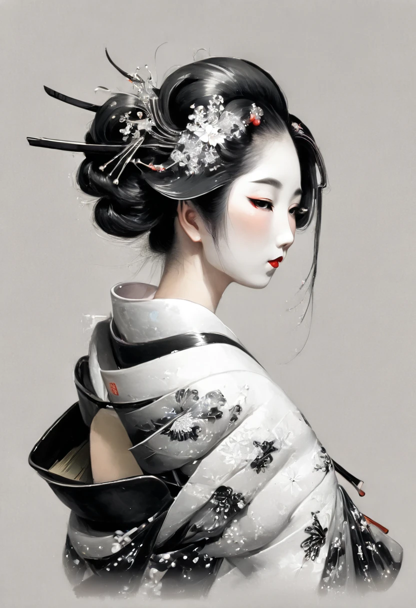 ink絵,Black and white painting,Upper Body.profile,Edo courtesan,A gorgeously made-up courtesan,Beautiful detailed glass hair,(Ornately decorated５A big hairpin made of books),(Luxurious Japanese clothes,A kimono with a wide open back collar that allows the back to be seen from the nape of the neck:1.2),Wearing high clogs,Large umbrella,Night scenery with lanterns lined up,ink,Black and white painting,splash,
