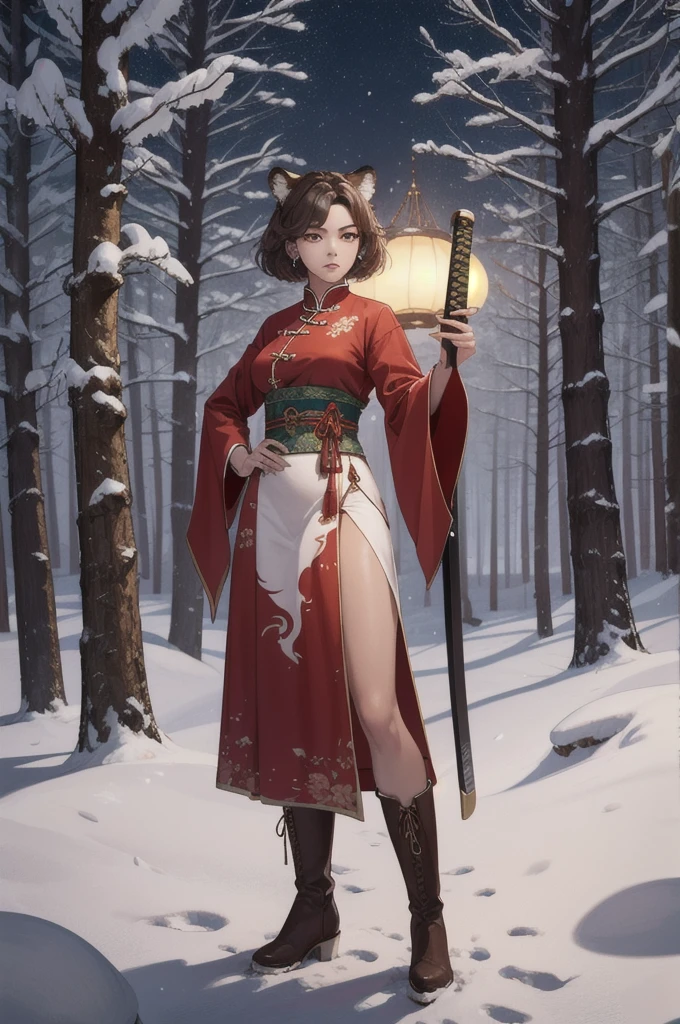 Create a 4k resolution masterpiece, highly detailed, using ArtCalmV2 for the best possible quality. The theme is a charismatic tiger girl, found in a snowy forest at night. She wears red traditional Chinese clothes with a white skirt and brown boots.. A katana is neatly stored on his hip. The character, a 25 year old clan leader, has short light brown hair and tiger ears, beyond a tiger&#39;s tail. His green eyes reflect a guard posture and a display of resilience.. The surrounding environment is a forest landscape at night, illuminated by the dynamic light of the full moon, creating a contrast between the wild and relaxing environment.