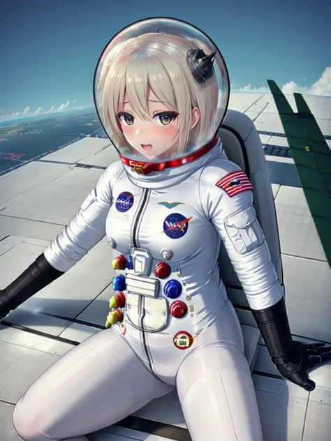 ((female pilot in the cockpit of a reconnaissance plane), (airplane cockpit), (in flight), (10000 feet altitude)、(sky view):1.7)...